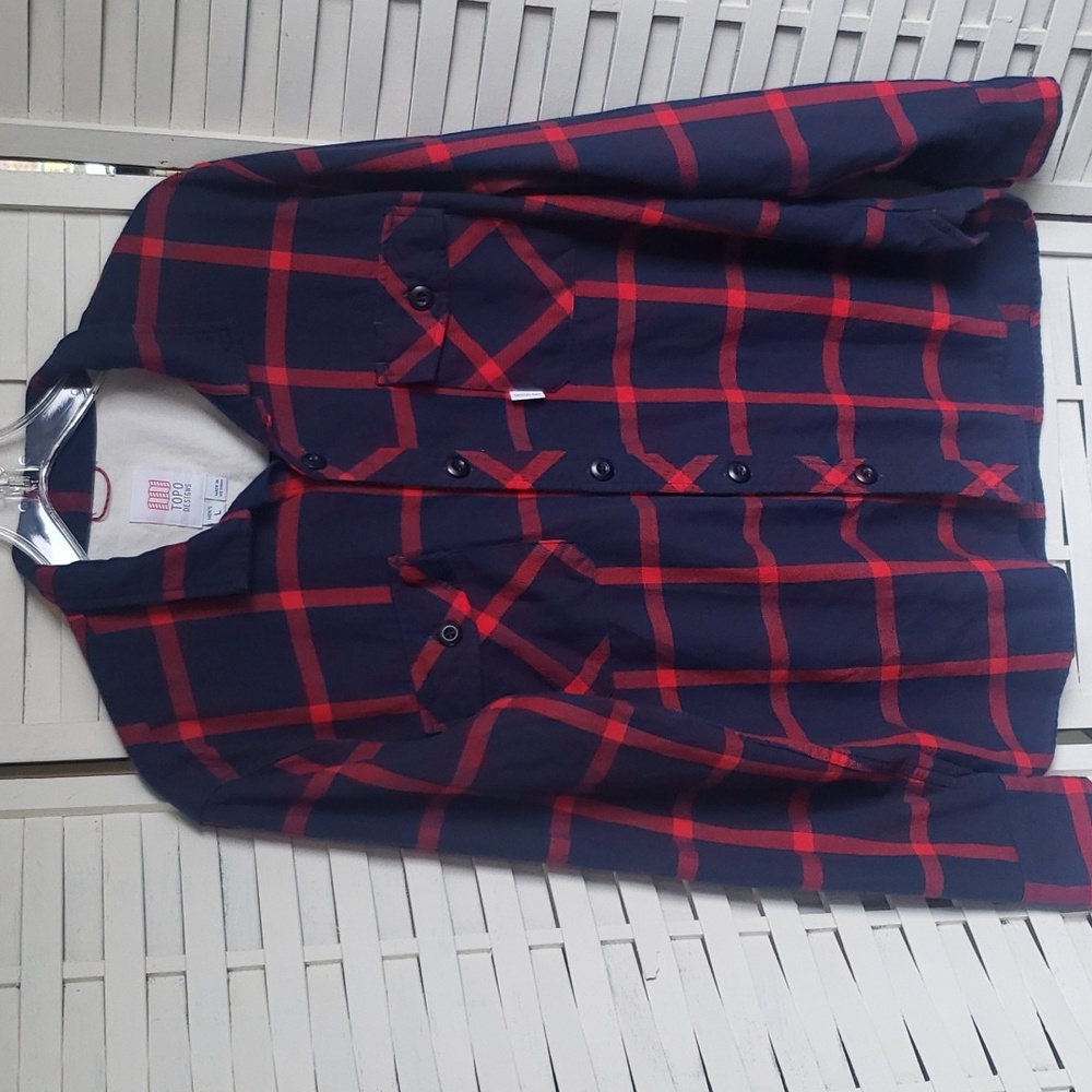 TOPO mens plaid flannel button down navy blue and red shirt size L